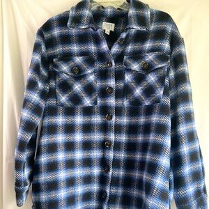 Time & Tru Blue and Black Boxy Plaid Button-Up Shacket